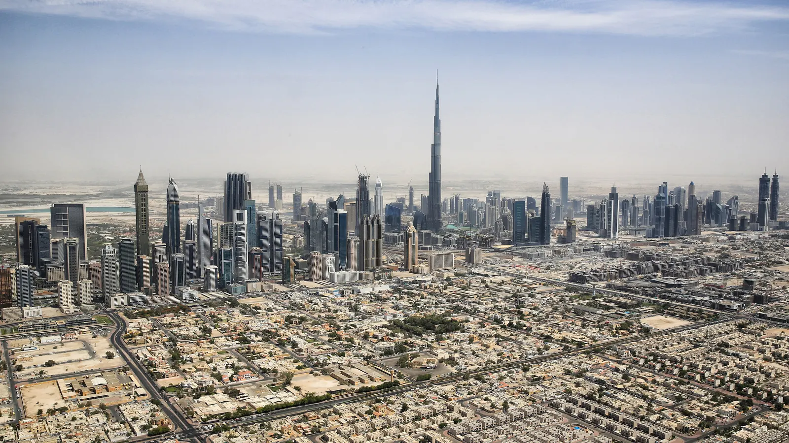 Aerial view of Dubai city centre, a base for importing and re-exporting goods