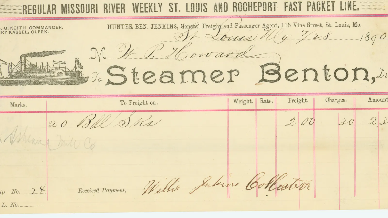 Historic steamer freight bill, an early shipping document used for trade paperwork