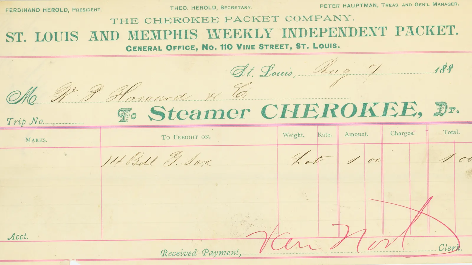 Historic 1889 steamer freight bill, an early example of a shipping document