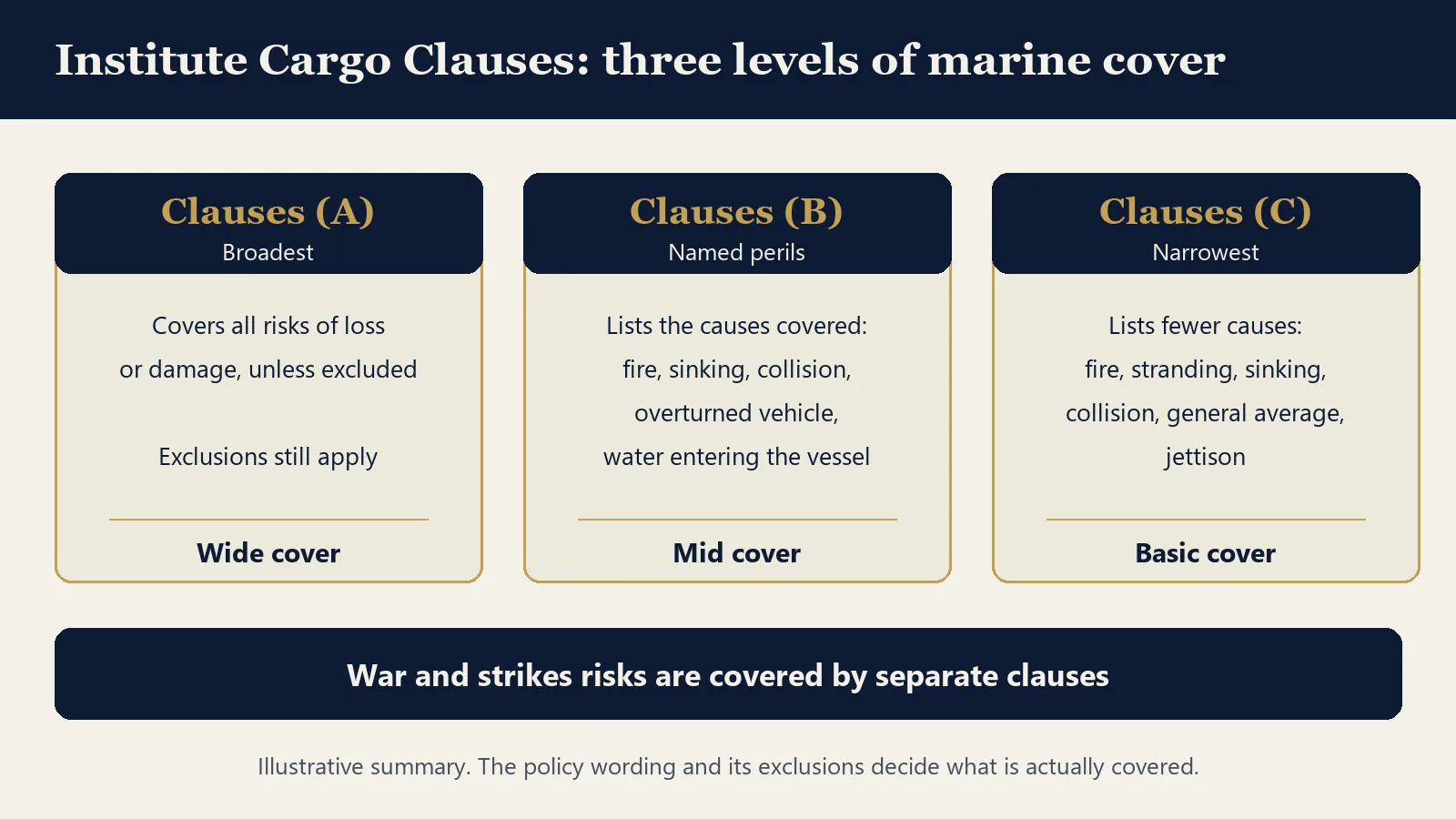 Comparison of Institute Cargo Clauses A, B and C, the three levels of marine cargo insurance
