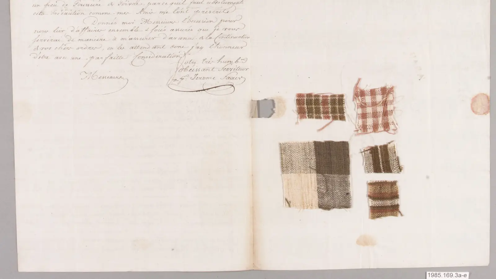 Merchant letter with attached fabric swatches, a classic way to request product samples from suppliers